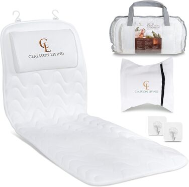 Подушка для ванни для всього тіла (125x43 см) - килимок для ванни з підголовником для підтримки шиї, спини та ніг - з мішком для прання та подорожей та гачком для швидкого сушіння - (Білий)