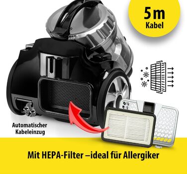 Пилголом Carrera чорного кольору: пилосос циклонного типу, з кабелем, компактний, 800W, HEPA-фільтр, висока потужність всмоктування