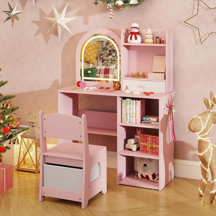 Дитячий туалетний столик LIFEZEAL 2 в 1 з дзеркалом та пуфом, рожевий, з ящиком та аксесуарами для дівчаток від 3 років