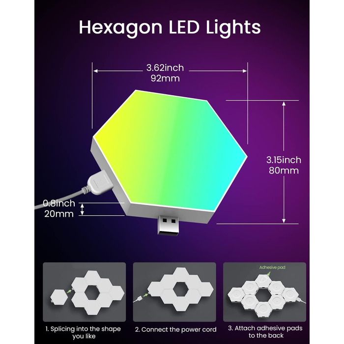 Смарт LED панелі Hexagon RGB, 8 шт. – настінне декоративне підсвічування для кімнати та геймерської зони, музична синхронізація