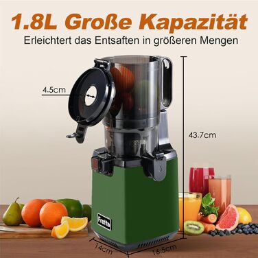 Фреш-прес Fretta Slow Juicer: Швидкий та зручний соковичавник з нержавіючої сталі для овочів та фруктів, 135 мм, 1.8 л, з функцією реверсу, 250W (Темно-зелений)