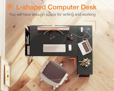 Комп'ютерний стіл ODK для геймінгу L-подібний з розетками, полицями та підставкою для ПК. Підходить для дому та офісу, компактний, 101,6 см