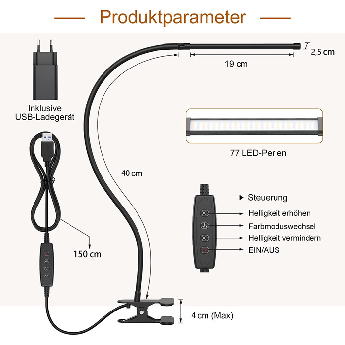 Світлодіодна настільна лампа izell 77 з регульованою яскравістю - 3 колірні температури і 10 рівнів яскравості гнучка гусяча шия 40 см з USB-зарядним пристроєм, затискною лампою, офісною лампою, робочою лампою для домашнього офісу / офісу 40 см гусяча шия