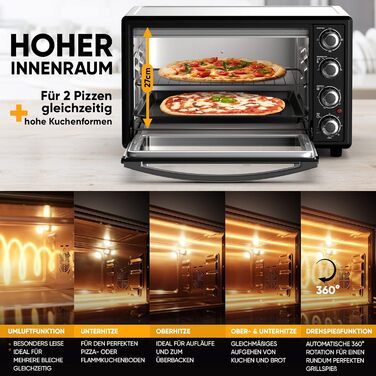 Міні-піч Stillstern 35л з конвекцією, Pizza Ø28, CYCLONE PRO+ антипригарне покриття, функція розморожування, таймер 2год, для кемпінгу, гриль з насадкою для шашлику
