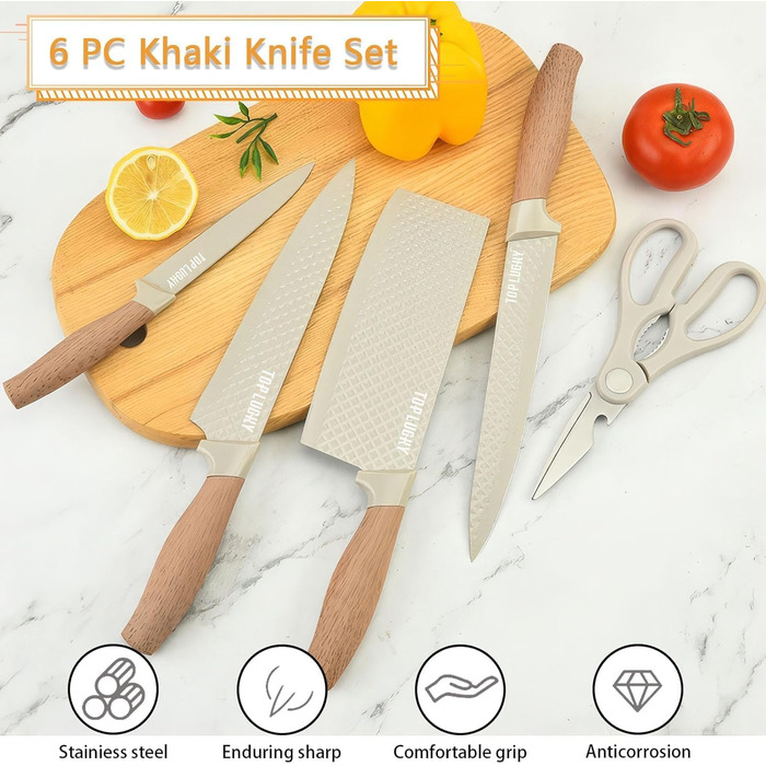 Набір кухонних ножів, 6 предметів, чорний, гострий, з антипригарним покриттям, нержавіюча сталь, з підставкою (Khaki)