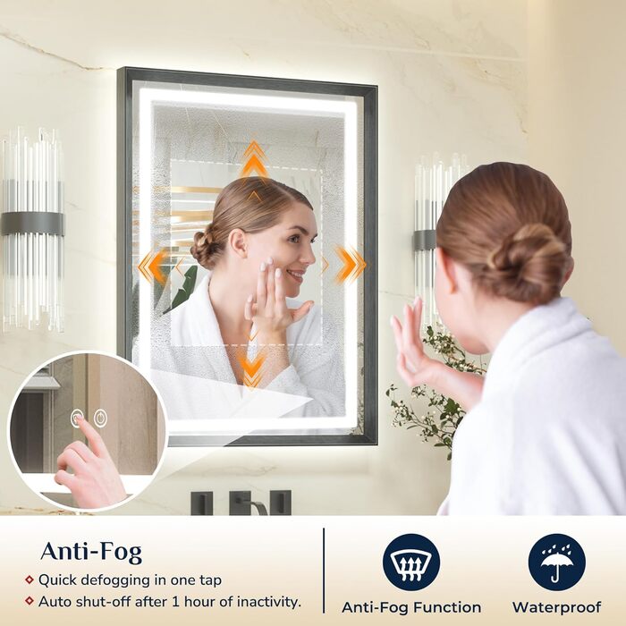 Дзеркало для ванної кімнати Keonjinn з підсвічуванням, металевий каркас 50x70 см, антизапар, LED, сенсорне керування, 3 кольори світла, диммування, пам'ять, настінне дзеркало (Чорний, 60 x 100 см)