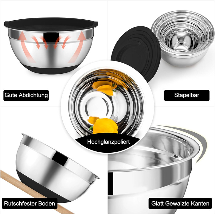 Набір мисок Onader з нержавіючої сталі: 5 мисок + 3 терки. Набір мисок для салатів з кришками, 5 шт. (0,7-4 л), чорний