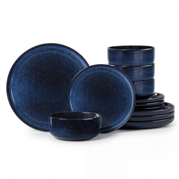 Набір посуду Joyfair на 6 осіб, 18 предметів, кераміка, блакитний (Tiefsee Blau). Тарілки, миски, салатники. Мікрохвильова піч та посудомийна машина. Реактивна глазур, стійкий до подряпин.