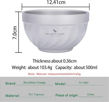iBasingo Титанові миски з подвійними стінками 500мл та 800мл для каші, їжі, рису, супу. Легкі, портативні, металеві миски для кемпінгу та відпочинку на природі. (500ML Ti1168T)
