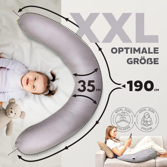 Подушка для вагітних та годування sei Design XXL (190x35 см), ергономічна подушка для сну з чохлом з біо-бавовни муслін, колір тауп