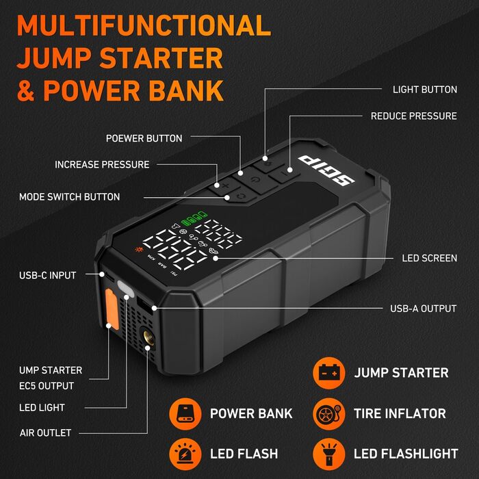 Powerbank-пусковий пристрій 26800mAh Starthilfe 7000A для автомобілів з компресором та ліхтариком, сумісний з бензиновими та дизельними двигунами (до 8.0L)
