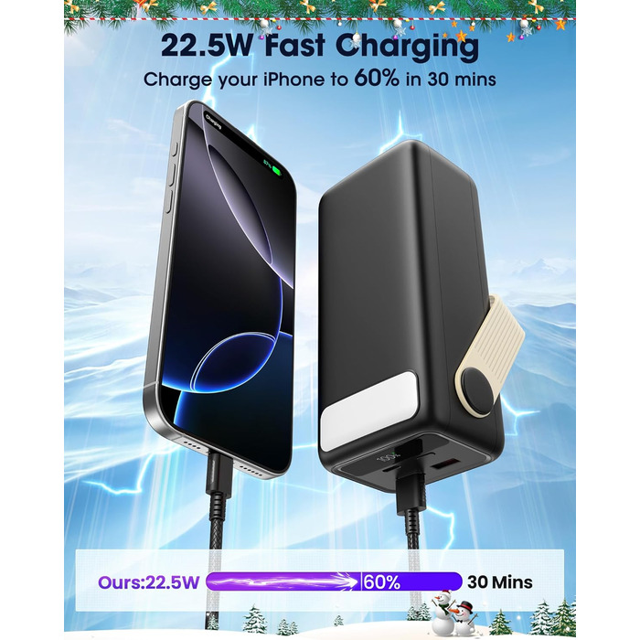 Power Bank 60000mAh Große Kapazität: Портативний акумулятор 60000mAh з USB-C, 3 виходи, 22.5W, для ноутбука, смартфона, планшета (Чорний)