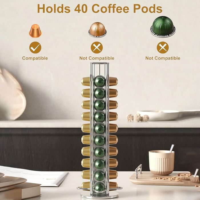 Тримач для капсул кави JIAMOEAT для Nespresso, 40 капсул, обертається, срібний | Тримач для капсул кави