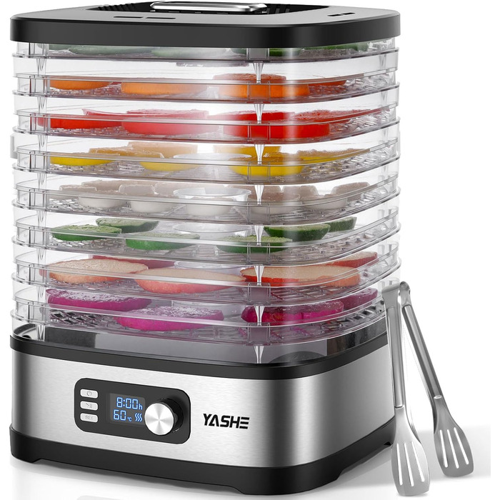 Сушарка для продуктів YASHE 8-ярусна, з регулюванням часу та температури до 72 год, з сітчастими вставками, роликом для фруктів та щипцями з нержавіючої сталі для м'яса, фруктів, овочів, трав, без BPA