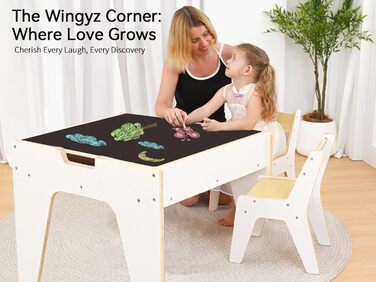 Дерев'яний дитячий набір меблів Wingyz 4-в-1: стіл, 2 стільці, стіл з місцем для зберігання. Ідеально для малювання, ігор та активностей.