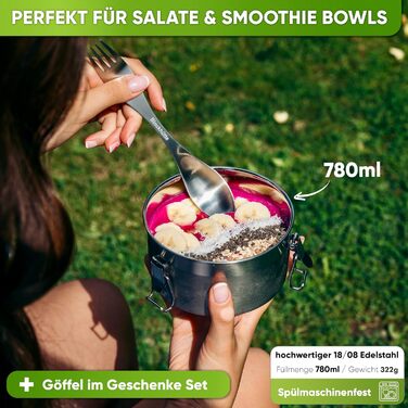 Преміум ланчбокс Blockhütte з нержавіючої сталі для дітей, 780 мл, з ложкою та 2 ущільнювачами, витримує температуру духовки, можна мити в посудомийній машині