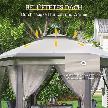 Альтанка Outsunny Garden Folding Gazebo 4x4 м Pop Up Tent Party Tent з сумкою для перенесення та 6 бічними панелями, подвійний навіс шестикутний у кавовому та бежевому кольорах
