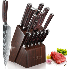 Набір кухонних ножів Dfito 15 предметів з підставкою: професійний набір ножів для кухні, кухонні ножі, кухонний набір, професійний кухарський набір, швейцарський ніж, точилка для ножів, коричневий