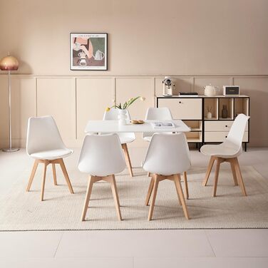 Обідня група GrandCA для дому з 6 стільцями: комплект обіднього столу та 6 стільців для вітальні, кухні, офісу (6 бежевих стільців + 1 білий стіл)