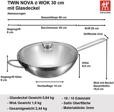 Вок Zwilling TwinNova 30 см з кришкою, 2 шт. - нержавіюча сталь, для всіх плит, не потребує покриття, стійкий до миття в посудомийній машині