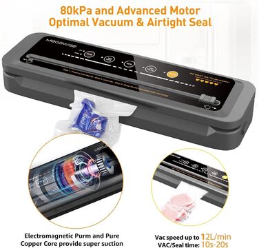 Вакууматор Megawise для продуктів з потужністю 80 кПа, автоматичний вакуумний пакувальник з режимами для сухих та вологих продуктів, чорний (комплект з 10 пакетами та різаком)