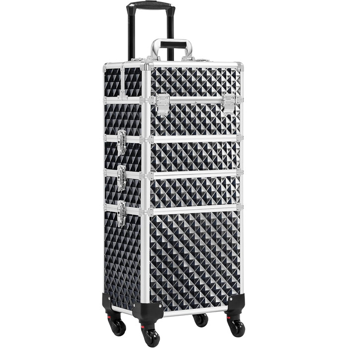 Ягетеч Косметичка-Тролі 4-в-1, Великий Косметичний Ящик для Макіяжу, Закривається на Замок, Багатофункціональний Ящик для Візажистів, Красота з Коліщатками та Висувною Шухлядою (Блискучий Чорний)