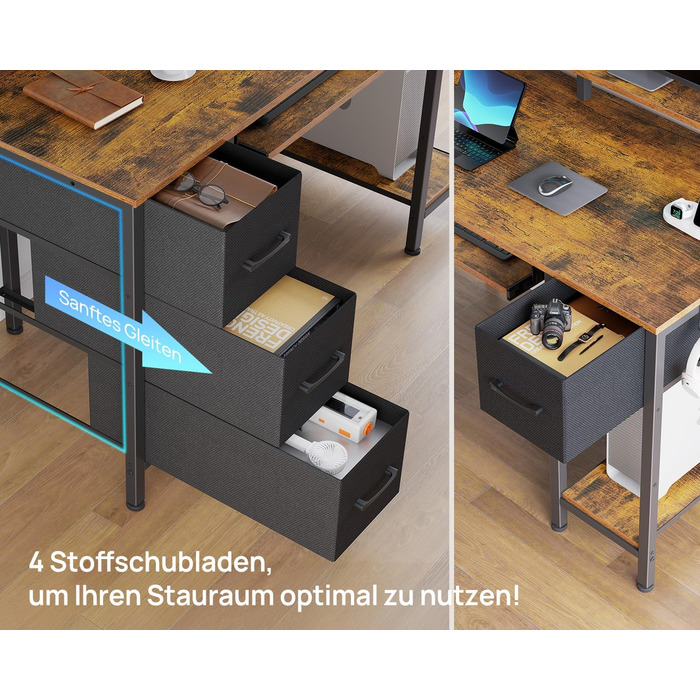 Ігровий стіл Seventable з LED підсвіткою, розетками та USB портами, шухлядами, підставкою для клавіатури та монітора (120x47x87 см, вінтажний коричневий)