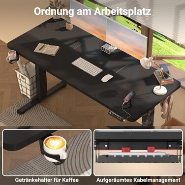 Регульований стіл для роботи з USB-C зарядкою 140 x 60 см, функція пам'яті. Стабільний електричний стіл, стоячий/сидячий, офісний, чорний.