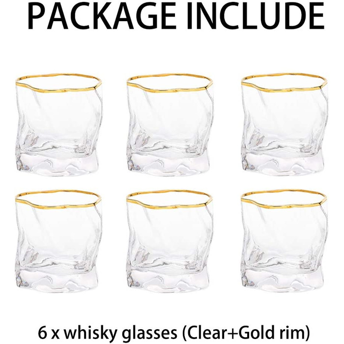 Набір склянок для віскі неправильної форми зі складками з нахилом, шотландське скло, 50 мл, модна кружка для віскі для тата, чоловіка, друзів, скляний посуд для бурбона / рому / чашки для барбекю (прозора золота оправа, 6)