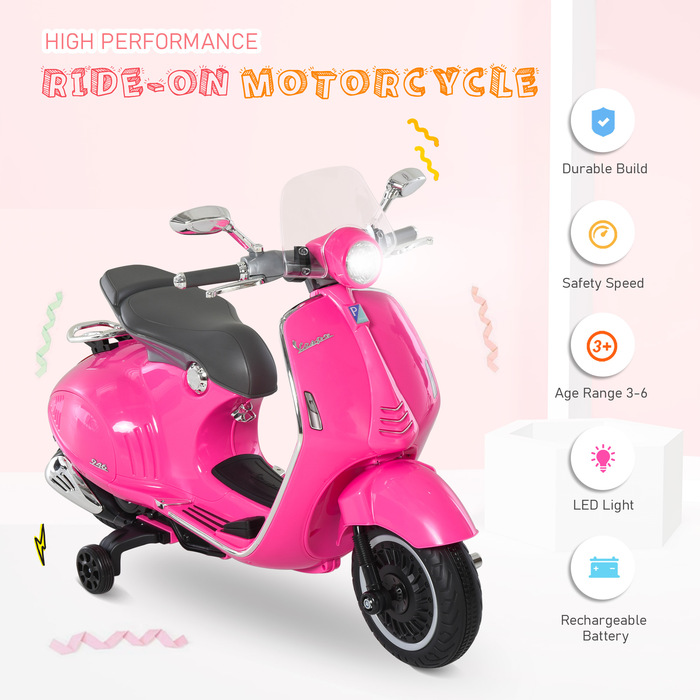 Дитячий електричний мотоцикл HOMCOM, дитячий мотоцикл 6V з фарою, музика, передня та задня передачі, тренувальні колеса, навантаження 30 кг, електричний мотоцикл для дітей 3-6 років, рожевий