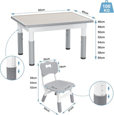 Дитячий стіл зі стільцями, регульована висота, 3 частини, пластиковий стіл-парта для дитячої кімнати, 80x60 см