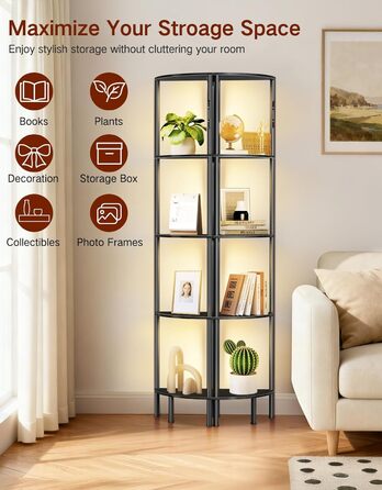 LED торшер з полицею: 3 режими світла, димування (сенсор, пульт), кутова полиця 5 рівнів, вузька книжкова шафа для вітальні, спальні, офісу (чорний)