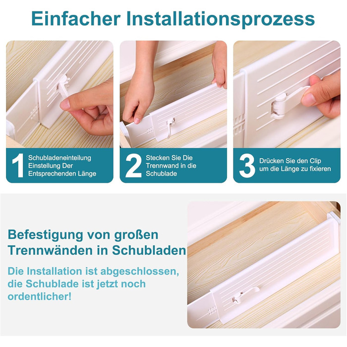 Організатори для ящиків MOFELON (8 шт.), регульовані роздільники для ящиків (33-58.5 см, 6.4 см H), система організації для шаф, комодів, кухні, спальні, ванної кімнати - білий