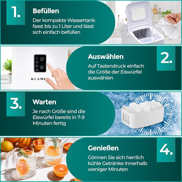 Льодогенератор KLAMER 24 кг/добу, 3 розміри кубиків льоду, 2.2л резервуар, 130W, білий