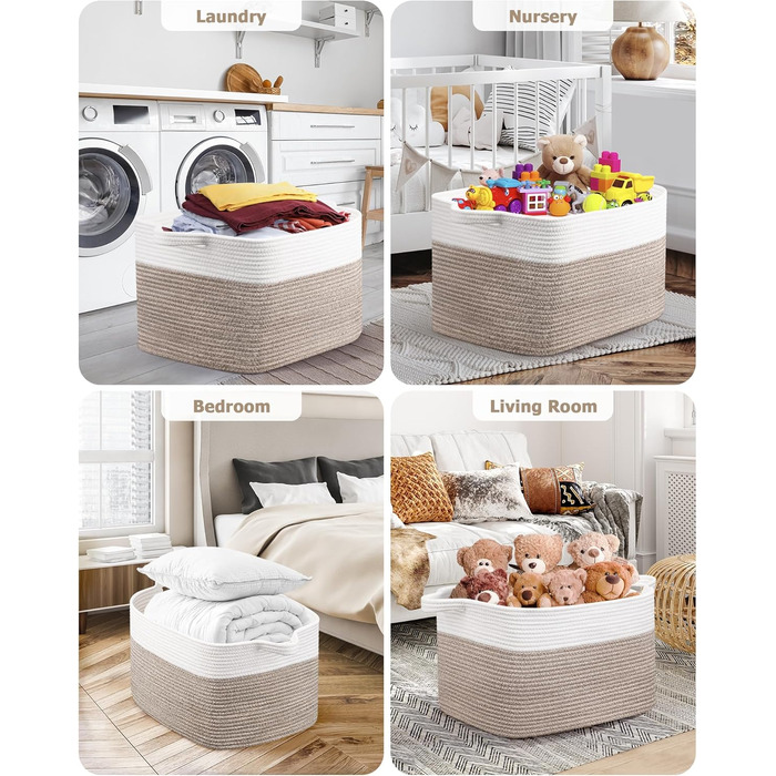 Кошики для білизни 2 шт. (63L) з бавовни, плетений, з ручками, для зберігання ковдр, одягу, іграшок, білий та коричневий