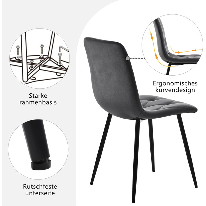 KUAKE Комплект обідньої групи: стіл 117x68 см та 4 стільці. Сучасний прямокутний обідній стіл та комплект стільців для кухні. Тканина темно-сірого кольору, чорні ніжки.