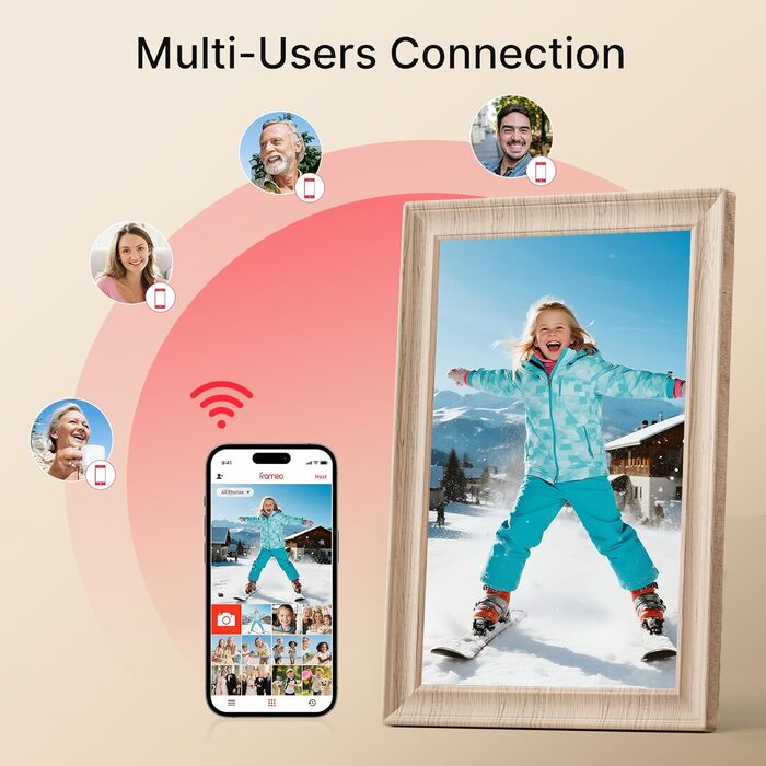 Frameo Цифровий фоторамка 10.1 дюймів, HD 1280*800 IPS сенсорний екран, 32GB пам'ять, автоповорот, Frameo App для обміну фото та відео, білий дерев'яний масив