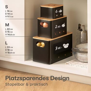 Набір контейнерів для зберігання картоплі, цибулі та часнику Praknu - 3 шт. з бамбуковими кришками, вентиляційні отвори, з етикетками та ручкою