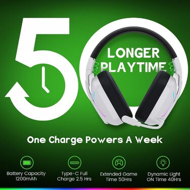 WG1 Bluetooth навушники для ігор: бездротові, з мікрофоном, для PS5, PS4, PC, Switch, Mac, LED-підсвітка, 50 годин роботи, Satinweiß