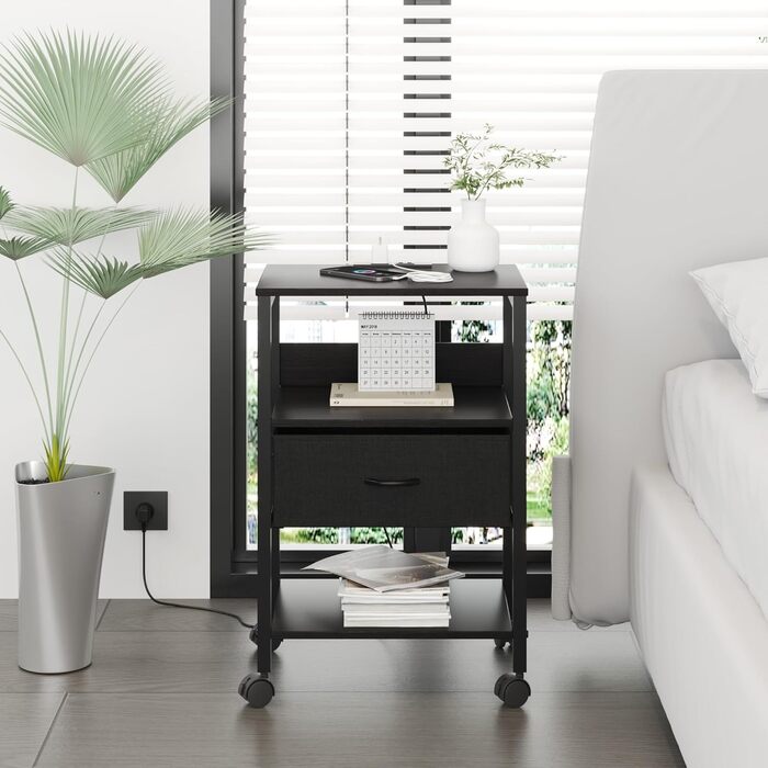 Нічний столик з бездротовою зарядкою, 2 розетки AC та 2 USB, з шухлядою, на колесах, чорний, білий