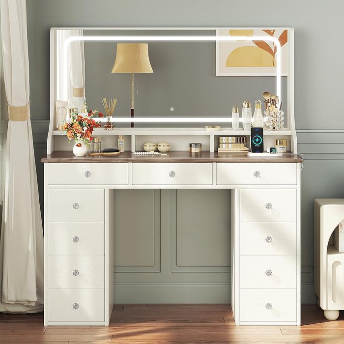 Дзеркальний туалетний столик Dripex з підсвічуванням, 11 шухляд, великий LED-дзеркало, розетка, регульована яскравість, білий (110см, вінтажний коричневий)