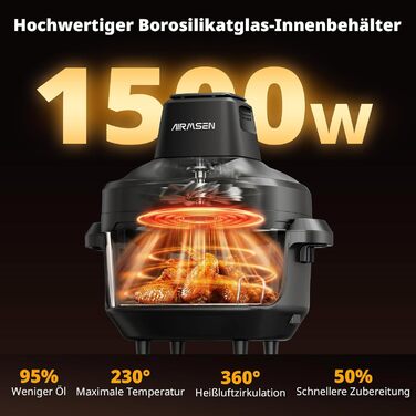 Фритюрниця повітряна AIRMSEN зі скляною чашею, 1500 Вт, 4.5L + 1.2L, 60–230 °C, 4 програми, знімна чаша, для мікрохвильовки та мийки посуду