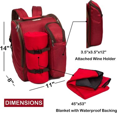 Рюкзак для пікніка на 2 людини, рюкзак для пікніка, сумка-холодильник з набором посуду і ковдрою (червоний)