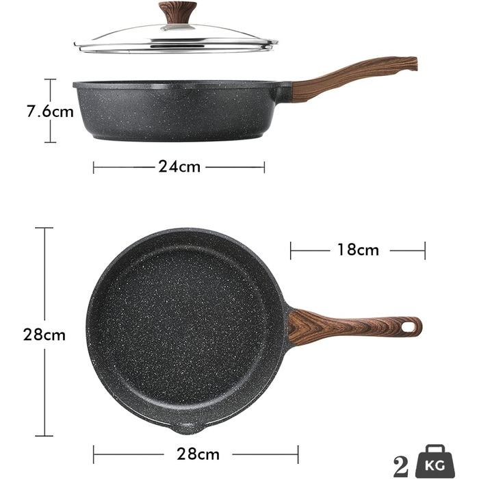 Антипригарна сковорода 28 см, глибока сковорода з кришкою, Швейцарська гранітна сковорода з покриттям, здорова кам'яна сковорода Kochg