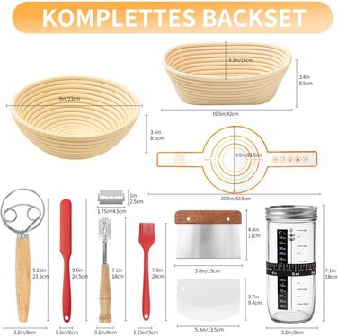 Набір для приготування закваски та випікання хліба 10 предметів: 2 кошики для бродіння (23см круглі, 25см овальні), 730мл банку для закваски, повний набір аксесуарів для випікання закваски для початківців