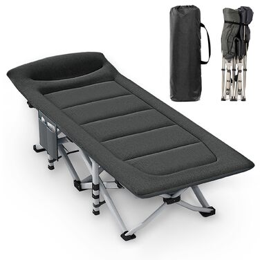 Розкладне кемпінгове ліжко CALIYO з матрацом, 200x80x40 см, витримує до 200 кг, сталевий каркас та тканина Оксфорд, чорне, з сумкою для зберігання