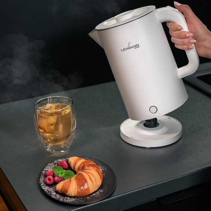 Електричний чайник Lehmann Edelstahl 1.7L, 2200W з подвійними стінками, автоматичне відключення, захист від перегріву, BPA-free, для дитячого харчування, чаю та кави (Білий)