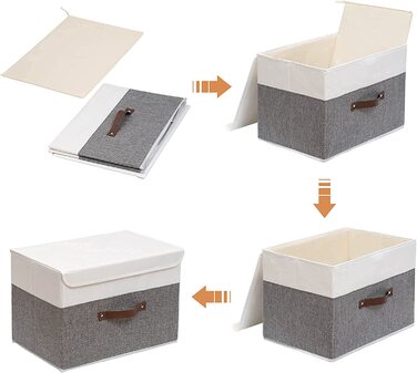 Ящики для зберігання OUTBROS з 3 предметів з кришками, 38 x 25 x 25 см, складні тканинні ящики, кошики для зберігання, органайзери для іграшок, одягу, книг, ST02BGS3 (сірий / білий, дуже великий(3 упаковки))