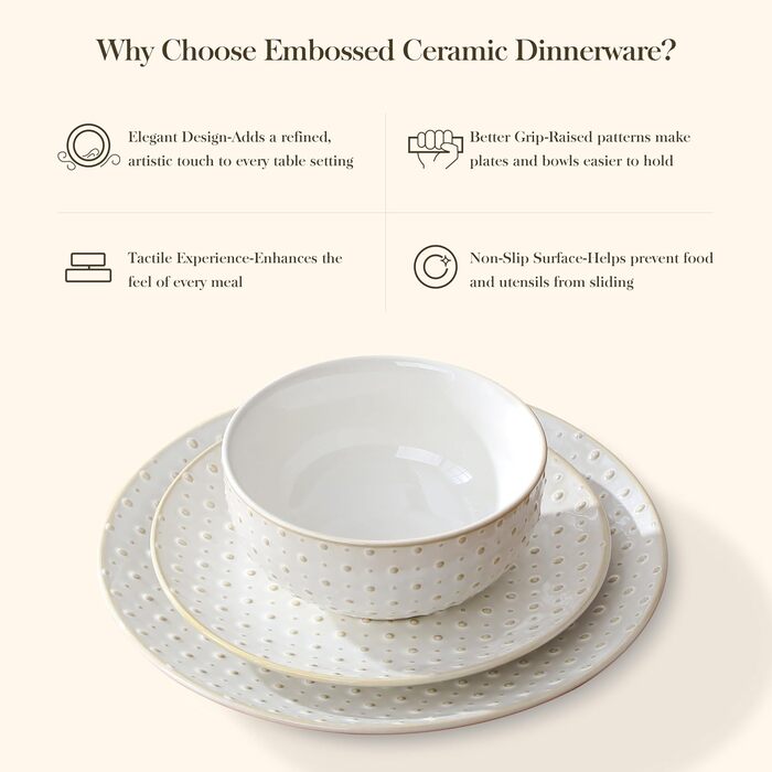 Набір посуду Malacasa LYDIA Beige для 4 осіб (16 предметів) - набір посуду з кераміки з рельєфом, сучасний сервіз