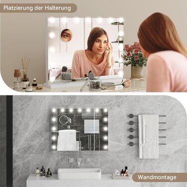 Дзеркало для макіяжу YU YUSING з підсвічуванням 58x45 см, 15 LED, 3 кольори, 10x збільшення, USB Type-C, для ванної кімнати та туалетного столика